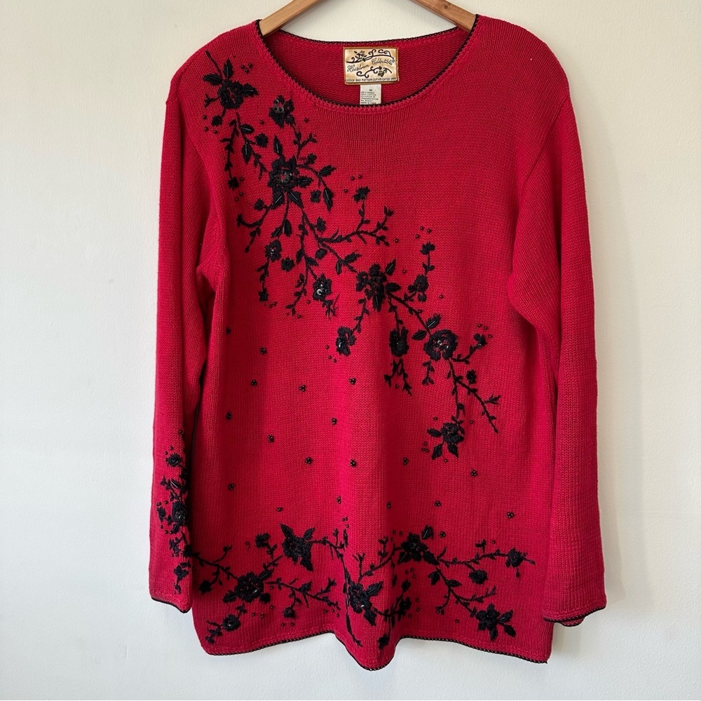 VTG Heirloom Collectibles Black Floral Embroidered Red Sweater